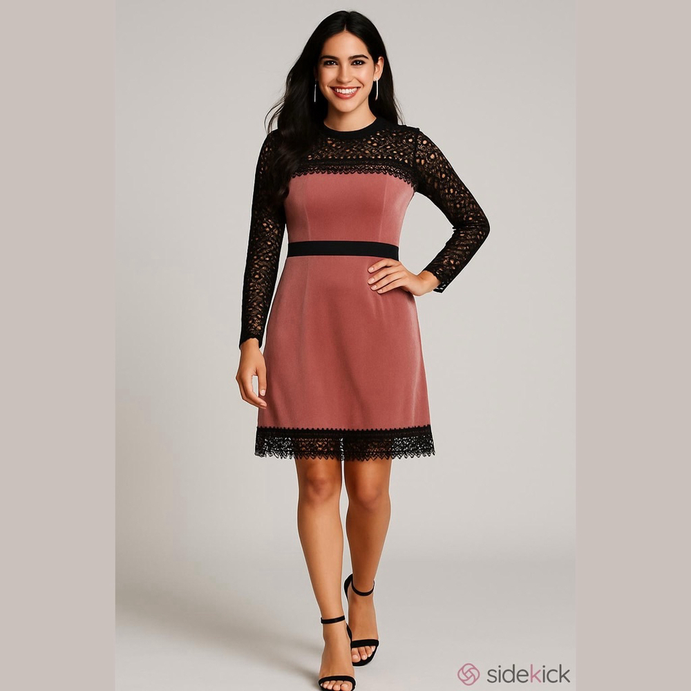 Women's TOPSHOP Long Sleeve Dress Size 8 Pink with Black Lace